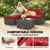 3 Pieces Patio Furniture Set with Cushions, Outdoor PE Rattan Wicker Conversation Corner Sofa Set with Glass Top Table