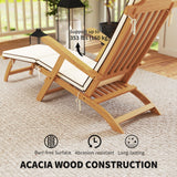 Folding Patio Lounge Chair with Padded Cushion, Acacia Wood Patio Lounger Recliner with Footrest for Garden