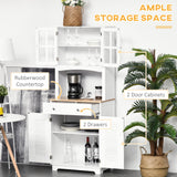 Buffet et vaisselier de cuisine de style côtier, armoire de rangement en bois avec porte vitrée encadrée, armoire à persiennes, tiroirs, espace micro-ondes pour salle à manger et salon.