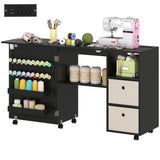Rolling Sewing Machine Table with Power Outlet, Folding Craft Table with 2 Fabric Drawers, 2 Bins and 18 Pegs