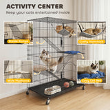 4-Tier Cat Cage, Large Cat Enclosure with Lockable Wheels, Tray, Bed, 3 Ramp, 3 Platforms for 3-5 Kittens