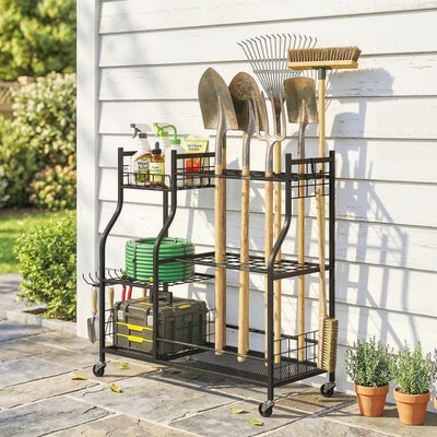 Garden Tool Organizer for Garage, 3-Tier Yard Tool Storage Rack with 32 Slots, 4 Wheels and 11 Hooks
