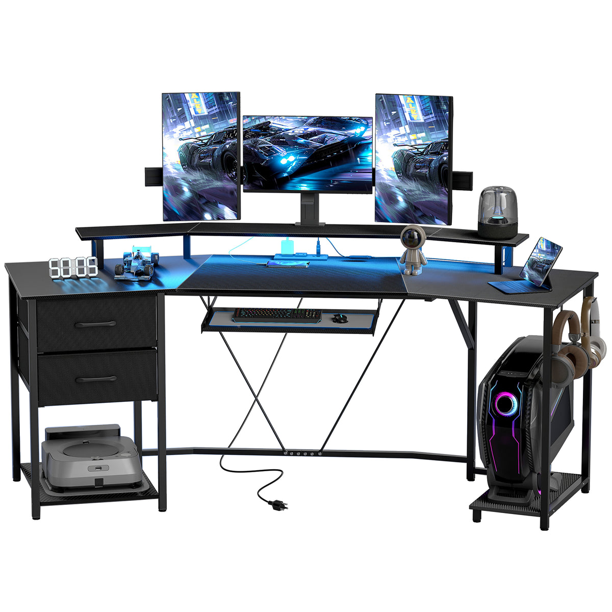 79 inch Gaming Desk with RGB Lights, Computer Table with Power Outlets & USB Ports, Keyboard Tray and 2 Drawers