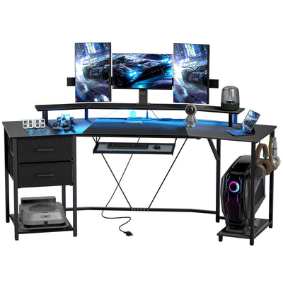 79 inch Gaming Desk with RGB Lights, Computer Table with Power Outlets & USB Ports, Keyboard Tray and 2 Drawers