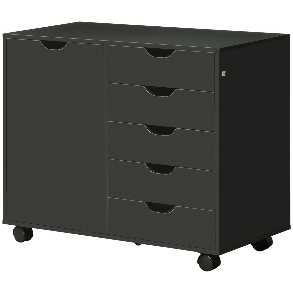 Classeur latéral, classeur à 5 tiroirs avec porte et étagère réglable, armoire de rangement de bureau mobile sur roulettes, support d'imprimante pour bureau à domicile