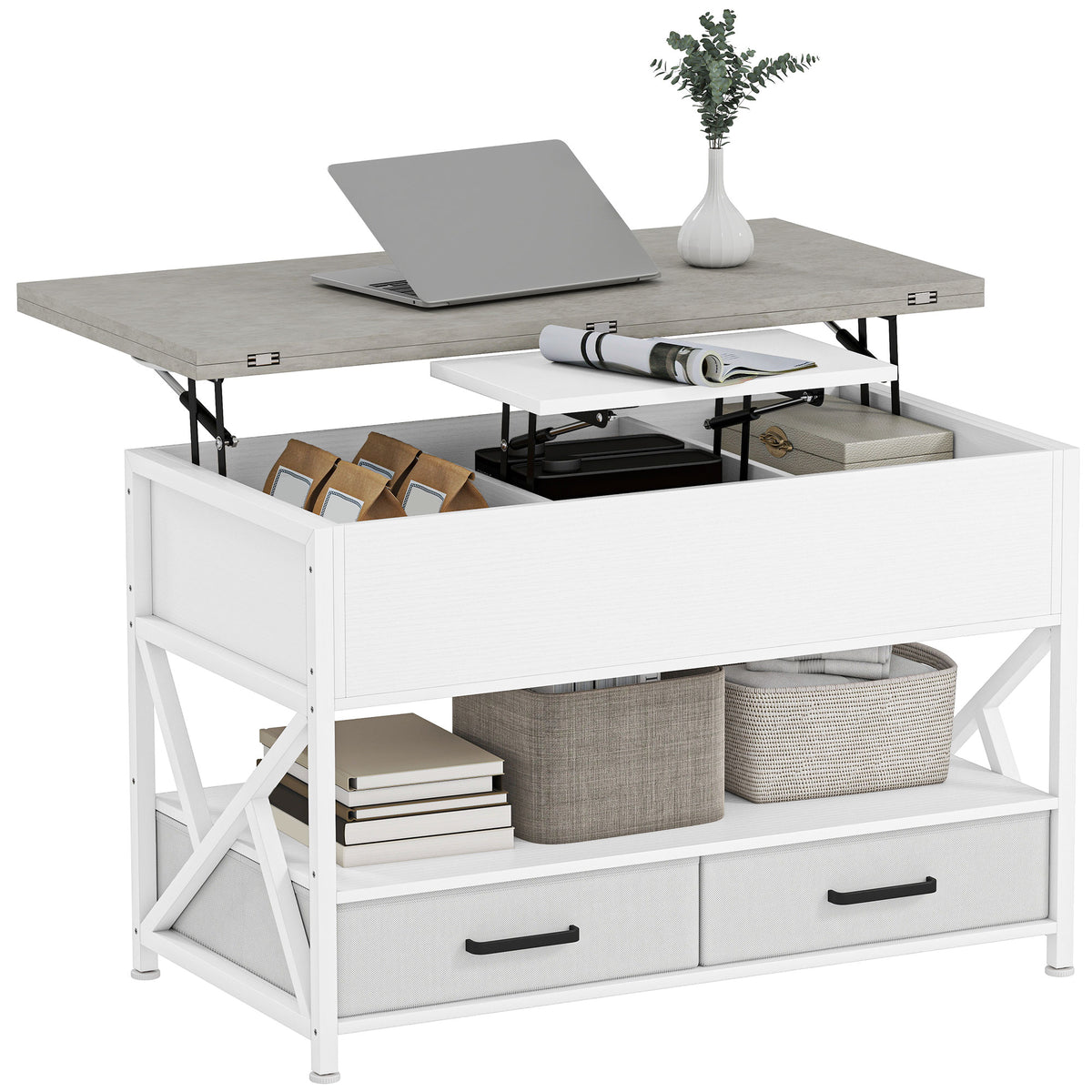 Table Basse Moderne, Table de Centre avec Plateau Relevable, Tiroirs en Tissu et Rangement Caché pour Salon