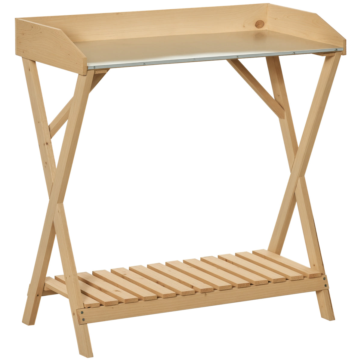 Garden Potting Bench Table, Wooden Work Station, Outdoor Planting Workbench w/ Galvanized Metal Tabletop and Storage Shelf