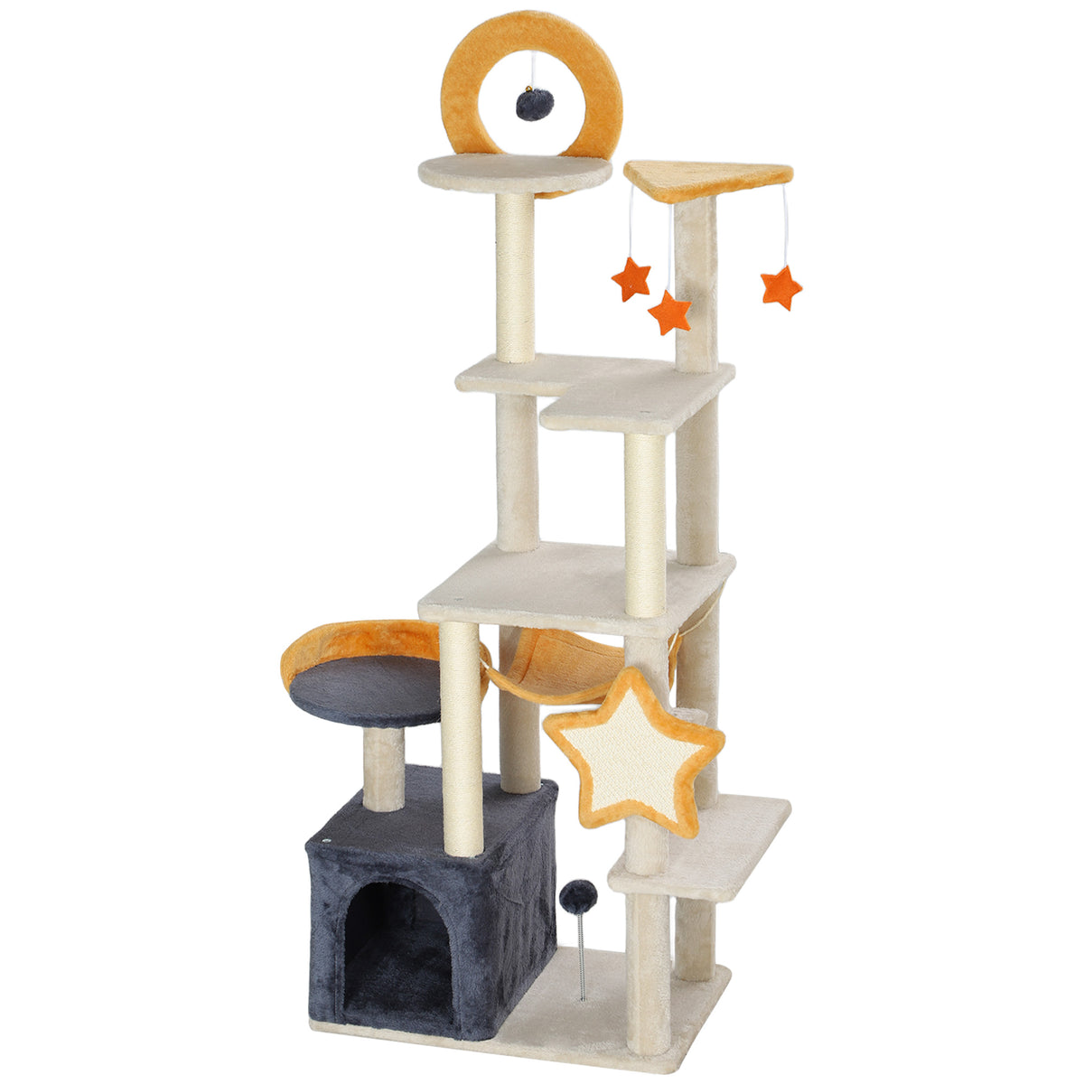 Star and Moon Themed Cat Tree with Cat Scratching Posts, Bed