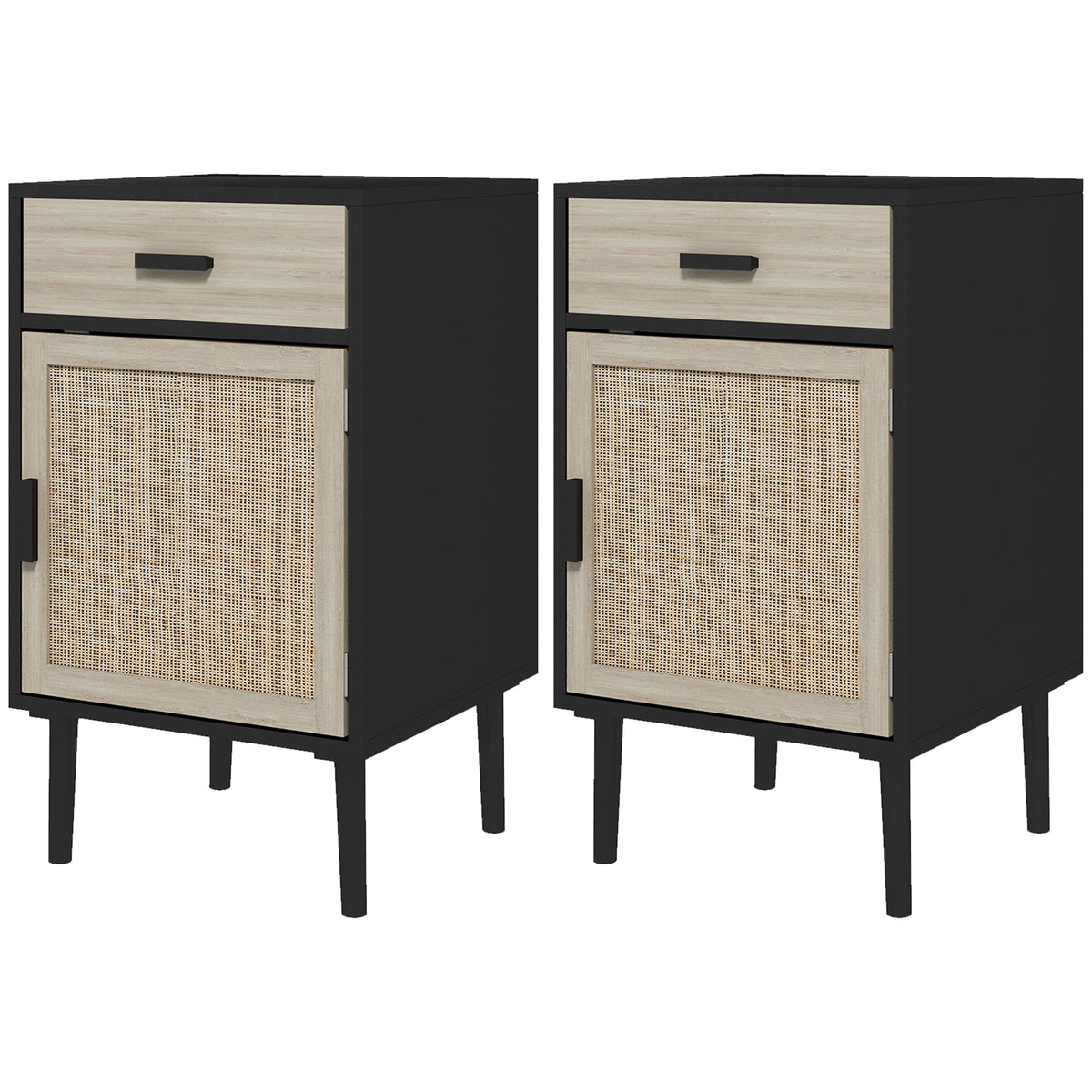 Boho Bedside Tables Set of 2, Nightstands with Drawer, Rattan Cabinet, Adjustable Shelf for Bedroom