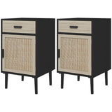 Boho Bedside Tables Set of 2, Nightstands with Drawer, Rattan Cabinet, Adjustable Shelf for Bedroom