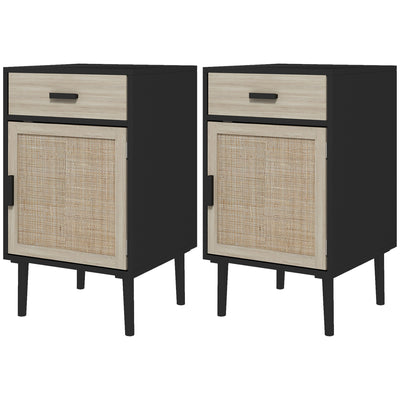 Boho Bedside Tables Set of 2, Nightstands with Drawer, Rattan Cabinet, Adjustable Shelf for Bedroom