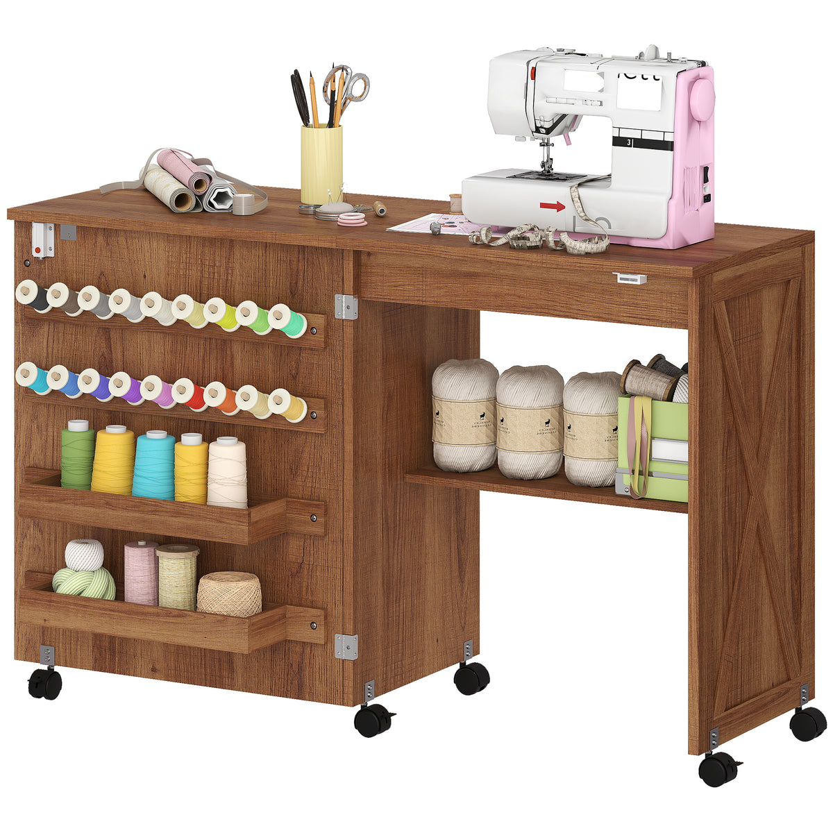 Table de machine à coudre sur roulettes, table de bricolage pliante avec 2 bacs, étagère de rangement, 18 chevilles, roulettes verrouillables