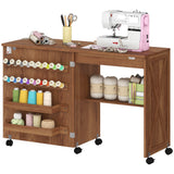 Table de machine à coudre sur roulettes, table de bricolage pliante avec 2 bacs, étagère de rangement, 18 chevilles, roulettes verrouillables