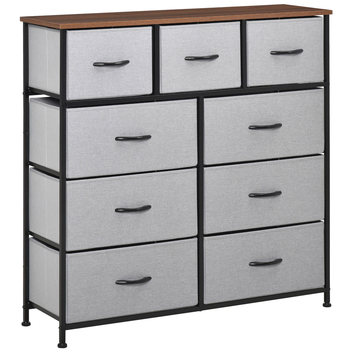 Commode chambre à coucher avec 9 tiroirs, coffre en tissu 4 étages, meuble-tour de rangement haut avec cadre en acier et dessus en bois pour garde-robes