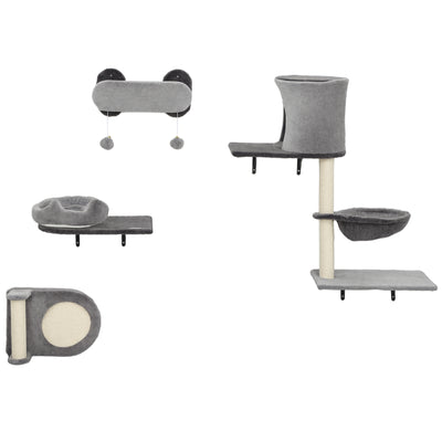 4Pcs Cat Wall Shelves with Scratching Post & Pad, Bed, Hanging Pompoms