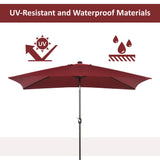 Parasol patio 6,5x10pi rectangle alimenté énergie solaire inclinaison aluminium marché extérieur parasol LEDs manivelle (rouge vin)