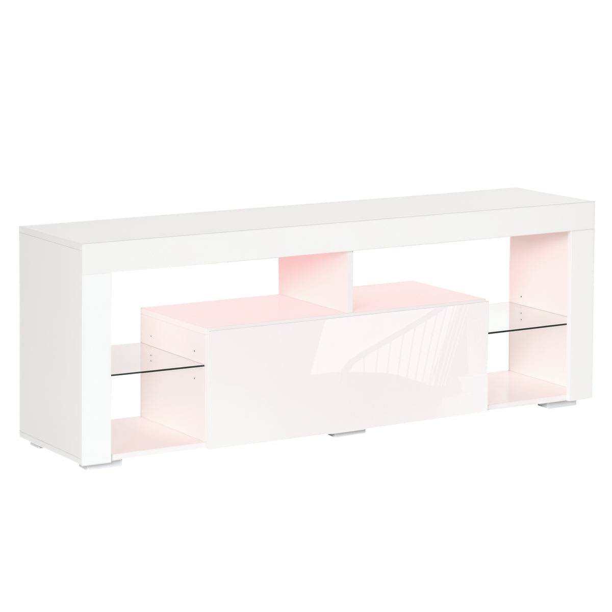 Meuble TV pour téléviseurs 55 pouces, Banc TV laqué avec lumières LED, Tiroir de rangement et Étagères