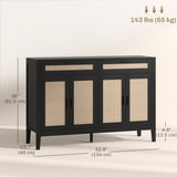 Buffet de cuisine, Table buffet bohème avec portes en rotin décoratif et tiroirs pour salle à manger