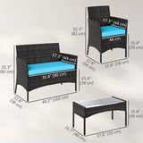 4 Pieces Wicker Outdoor Balcony Furniture Set Rattan Patio Furniture Set with Loveseat Chairs Glass Coffee Table