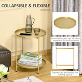 2-Tier Gold Side Table, Round Nightstand with Removable Trays Folding Metal Frame Adjustable Foot End Table for Living Room Bedroom