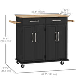 Kitchen Island on Wheels with Rubberwood Top, Rolling Kitchen Cart with 2 Drawers, 4 Doors and Adjustable Shelves