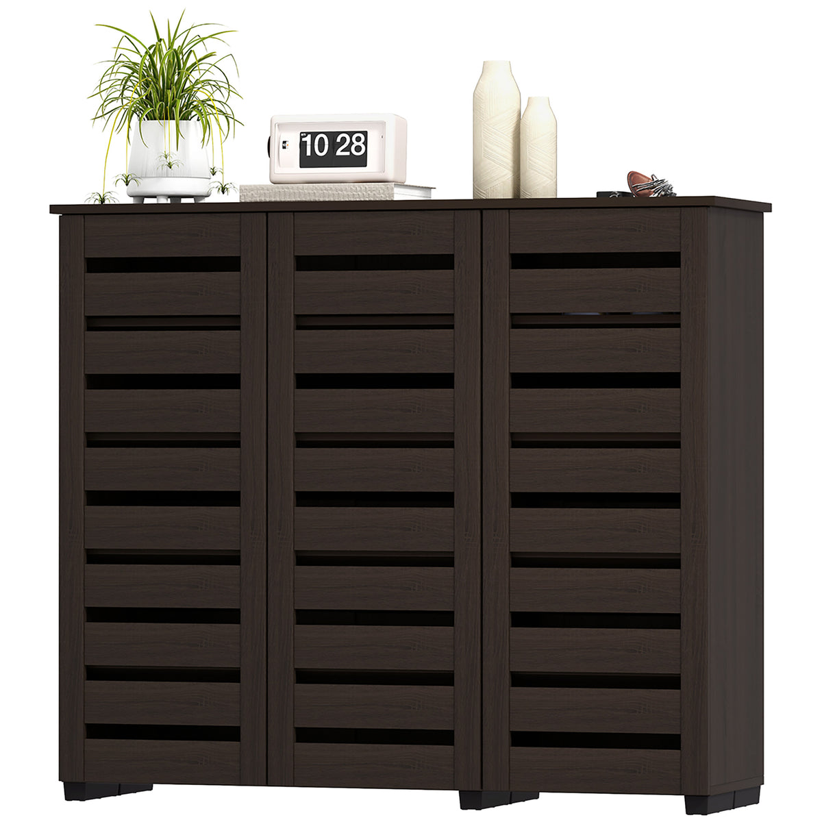 Narrow Shoe Cabinet with Slatted Doors, Adjustable Shelves for 20 Pairs of Shoes