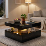 LED Coffee Table with Storage, 2-Tier Modern Center Table with Open Shelf and Remote for Living Room