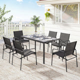 Ensemble de salle à manger extérieure pour 6, table de patio faux bois et chaises avec siège en maille respirante, cadre en acier galvanisé