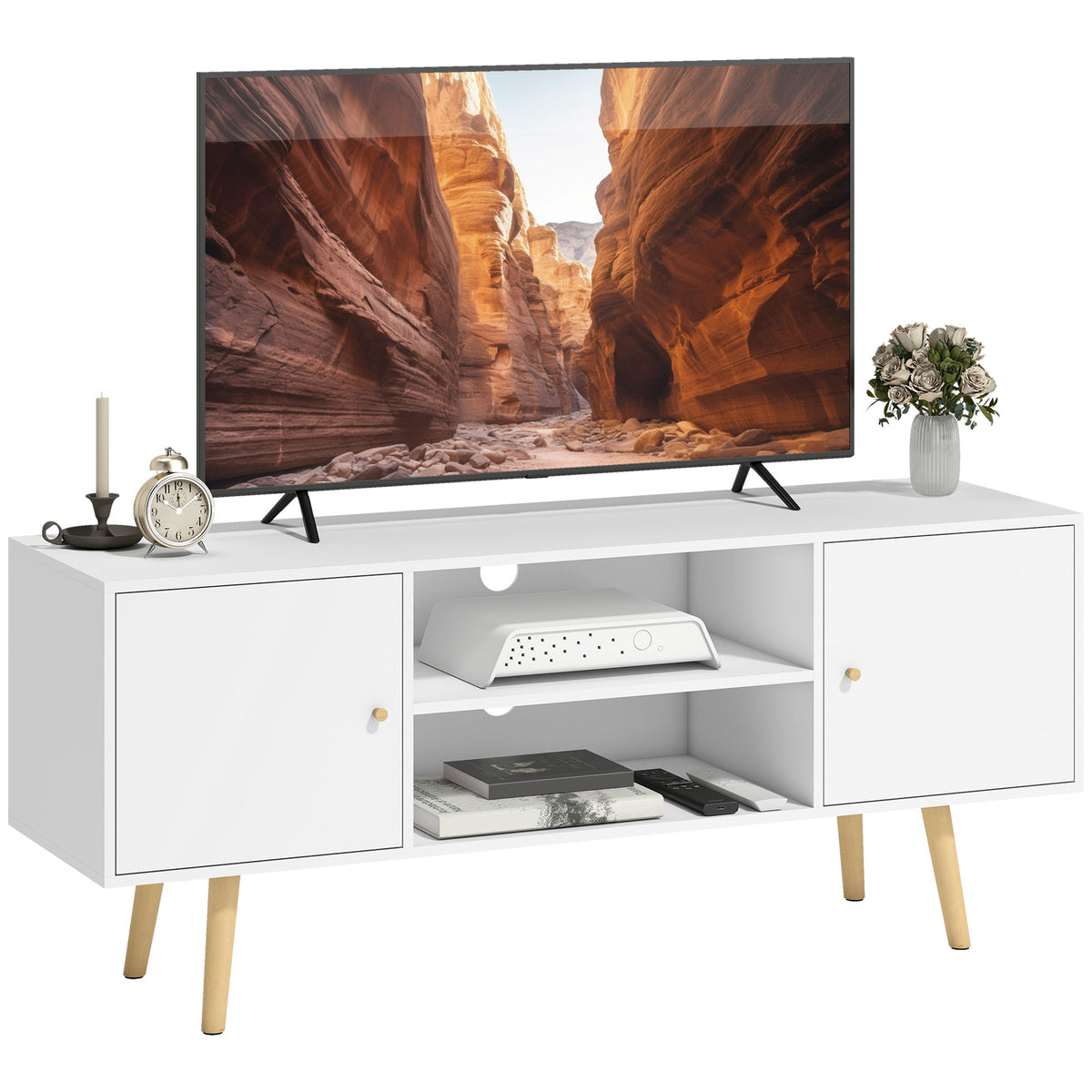 TV Stand Cabinet for TVs up to 55 Inches, Entertainment Unit with Storage Shelves and Wood Legs for Living Room