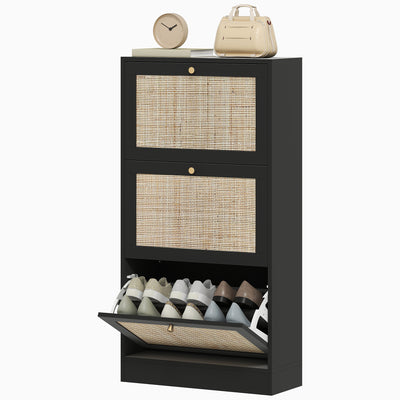 Rattan Shoe Storage Cabinet with 3 Flip Drawers and Adjustable Shelves, Entryway Shoe Cabinet for 18 Pairs