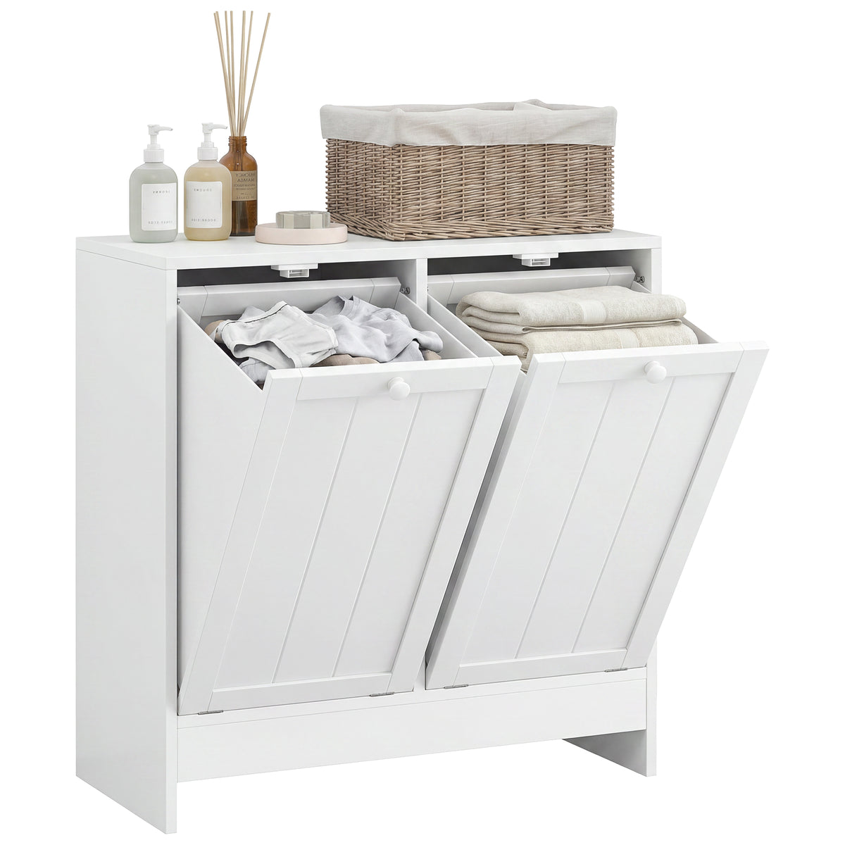 Tilt-Out Laundry Storage Cabinet, Modern Laundry Hamper with 2 Compartments for Bathroom Washroom