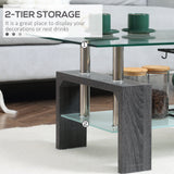 Table basse rectangulaire en verre, table centrale à 2 niveaux avec plateau en verre trempé et étagère de rangement pour salon