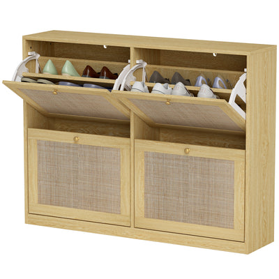 Narrow Shoe Storage Cabinet, Rattan Shoe Cabinet with 4 Flip Drawers and Adjustable Shelves for 20 Pairs