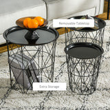 Ensemble de 3 tables gigognes avec rangement, table d'appoint ronde avec plateau amovible, tables d'appoint panier avec cadre métallique pour salon