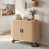 Sideboard Buffet Cabinet with Curved Tambour Doors, Thick Tabletop and Arc Metal Legs