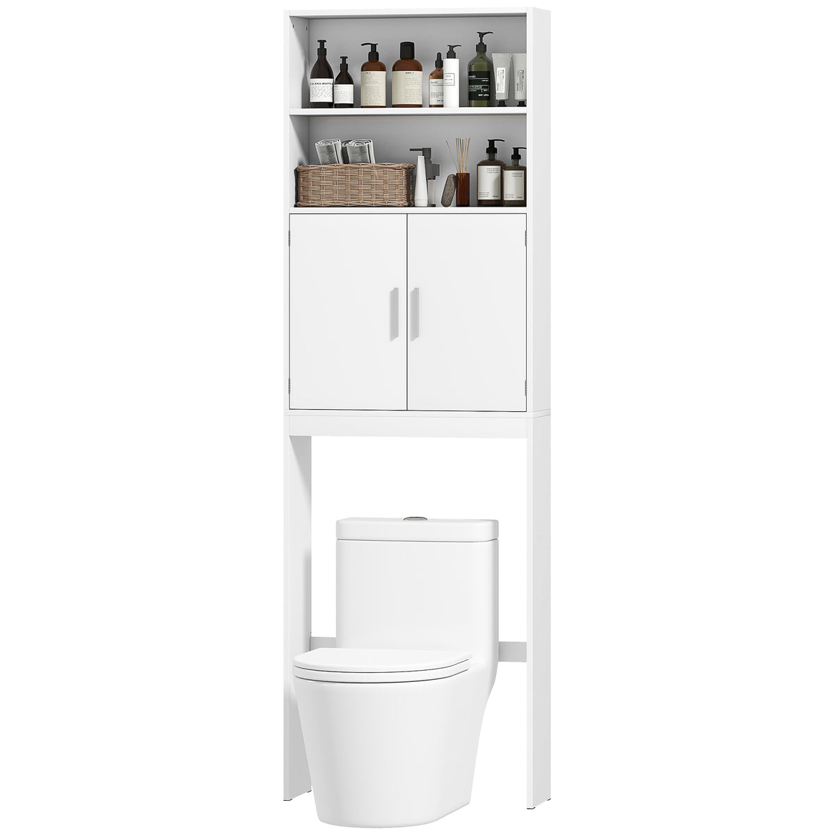 Over The Toilet Storage Cabinet, Freestanding 4-Tier Bathroom Organizer with Adjustable Shelf and 2 Doors