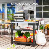 3-Shelf Outdoor Grill Dining Cart Pizza Oven Stand with Stainless Steel Top, Movable BBQ Food Prep Table Outdoor Kitchen Island with Hooks Wheels Handle