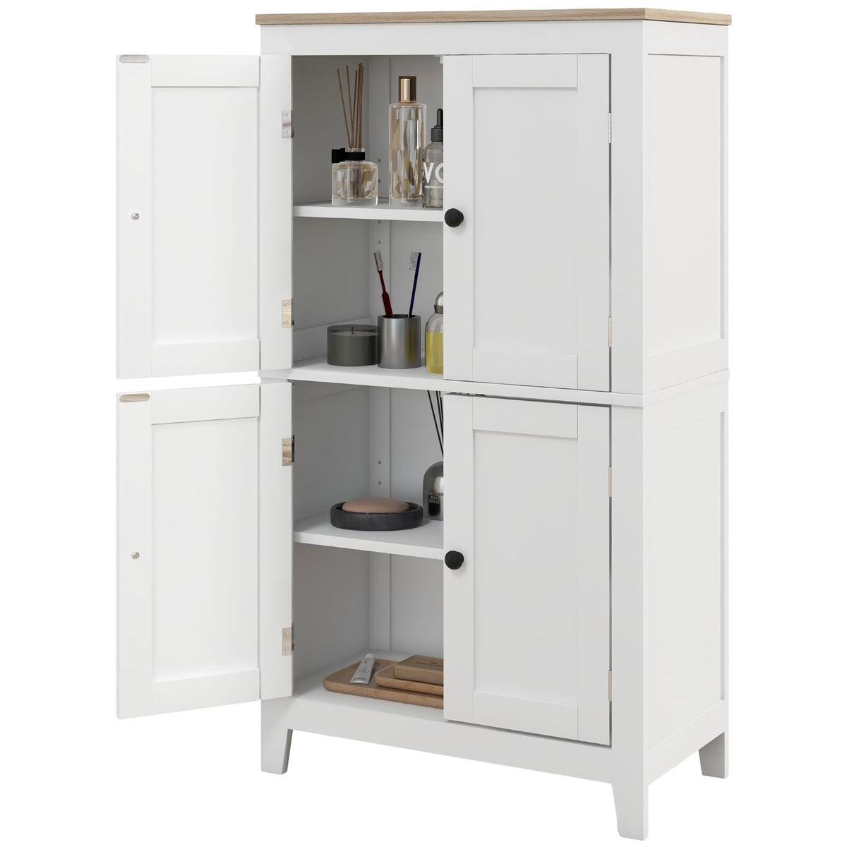 Bathroom Storage Cabinet, Modern Bathroom Floor Cabinet with 4 Doors and 2 Adjustable Shelves