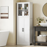 Armoire de salle de bain haute avec portes vitrées, unité économe d'espace avec tablettes ajustables, rangement autoportant