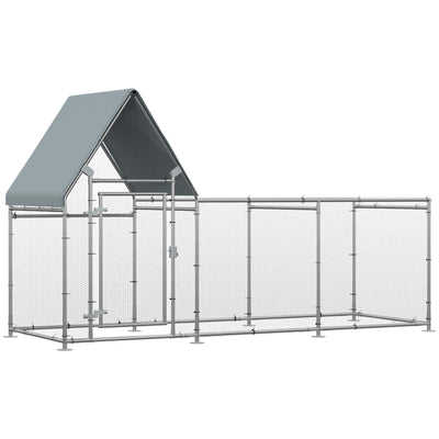Walk In Chicken Run, Large Galvanized Chicken Coop, Hen Poultry House Cage, Rabbit Hutch Metal Enclosure w/ Water-Resist Cover for Outdoor Backyard Farm, 9.9' x 3.5' x 5.6'