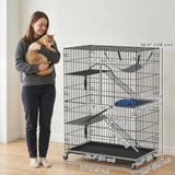 4-Tier Cat Cage, Large Cat Enclosure with Lockable Wheels, Tray, Bed, 3 Ramp, 3 Platforms for 3-5 Kittens