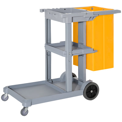 Janitorial Cart with 3 Shelves, Cleaning Cart on Wheels with Rubbish Bag and Mop Holders for Hotel