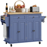 Kitchen Island with Storage, Rolling Trolley Cart with Rubber Wood Top, Spice Rack