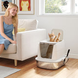Large Stainless Steel Litter Box, Enclosed Metal Cat Litter Tray with Scoop