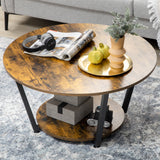 2-Tier Round Coffee Table with Storage Shelf, Industrial Center Table with Steel Frame for Living Room