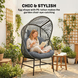 Chaise œuf en rotin, chaise longue extérieure en rotin 330 lb avec coussin épais, appuie-tête, cadre en acier