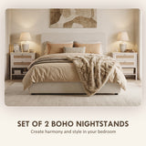 Set of 2 Boho Bedside Tables, Rattan Nightstands with 2 Drawers, Storage Shelf