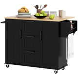 Rolling Kitchen Cart on Wheels with Drop Leaf, Kitchen Island with 3 Drawers, Solid Wood Top and Towel Rack
