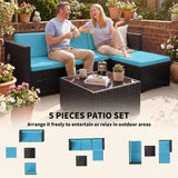 5 Piece Patio Furniture Set, L-Shape Wicker Outdoor Sectional with 3 Chairs, Glass Table