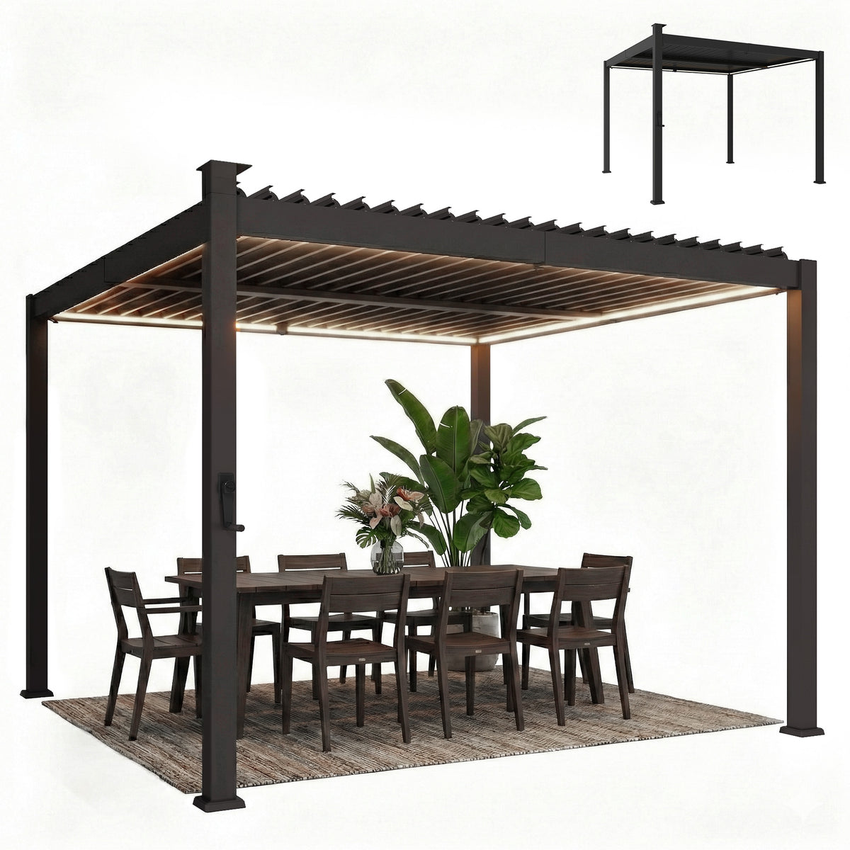10 x 10 ft Louvered Pergola with Solar LED lights, Metal Roof